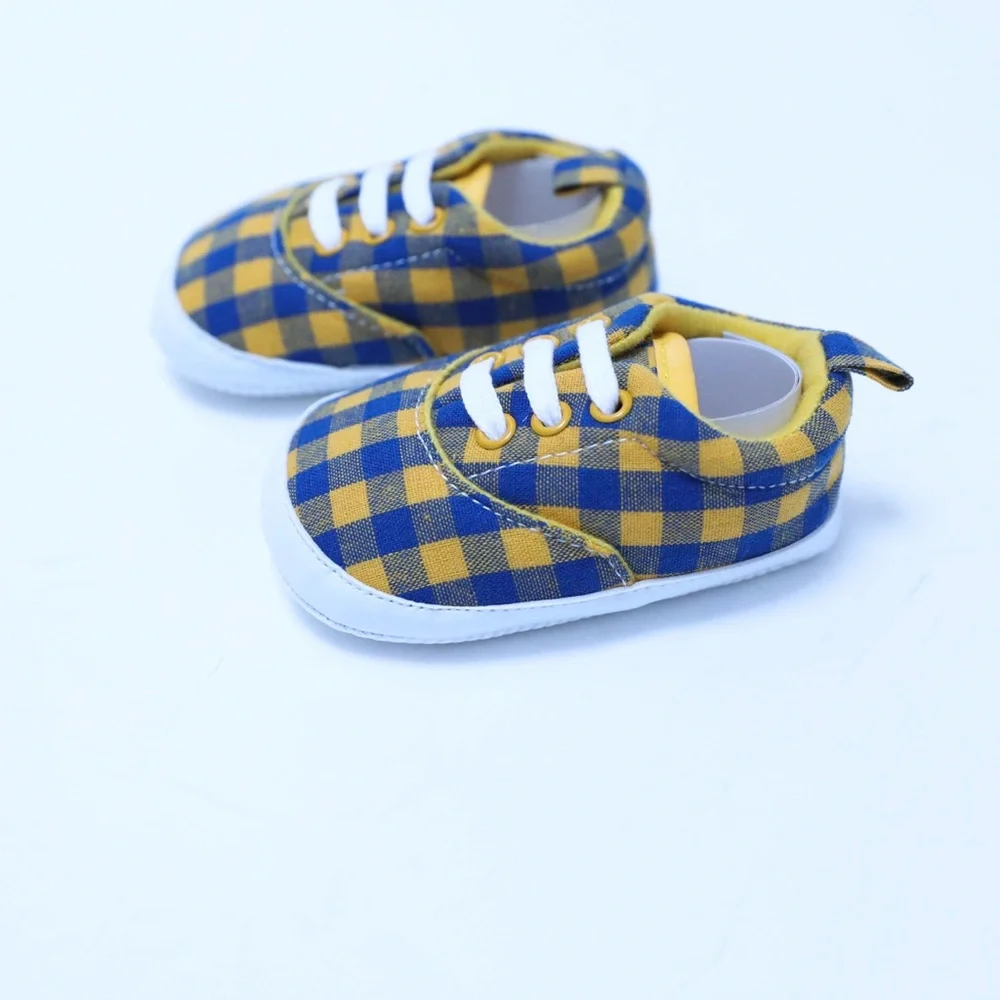Baby Toddler Shoes Yellow Blue check plaid gingham 6-12 Walking Boot Infant New